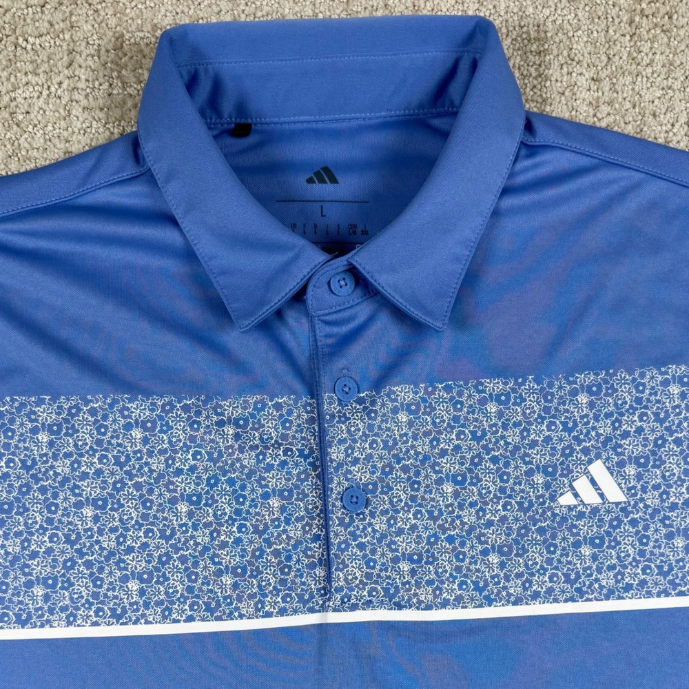 Adidas Mens Large Blue Floral Print Performance Golf Polo Shirt